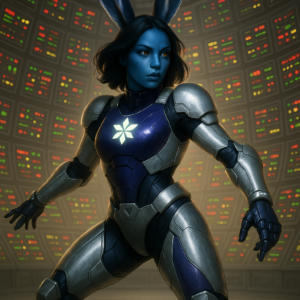 What appears to be a blue furred bunny lady in metal armor...but is it?