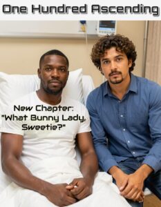 A picture of a scene in a Sci-Fi serial web novel of two men in a hospital, one is sitting up on a bed, the other is sitting beside him. They are looking at the viewer. "A Hundred Ascending" is the title at the top, and in the middle there's additional text saying "New Chapter - What Bunny Lady, Sweetie?"