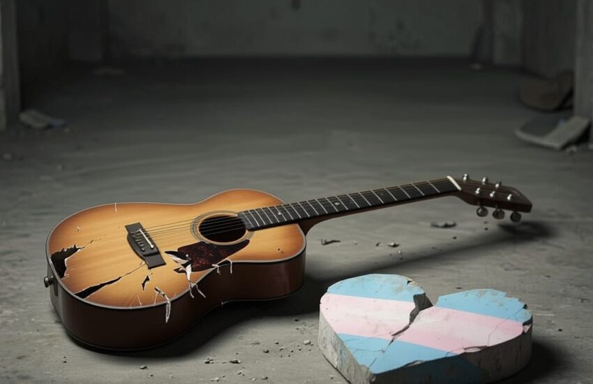 A heart in the colors of the transgender flag broken on the ground. A damaged guitar is beside it. The title for this free Sci-Fi Serial says "A Hundred Ascending" and "New chapter and heart dropped."