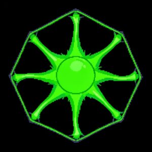 The shape of a green sun with eight arms contained in an octagon against a black background 