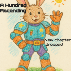 Free Sci-Fir Serial: A Hundred Ascending - New Chapter
The image is of a bunny creature wearing armor waving at the viewer, as drawn by a child