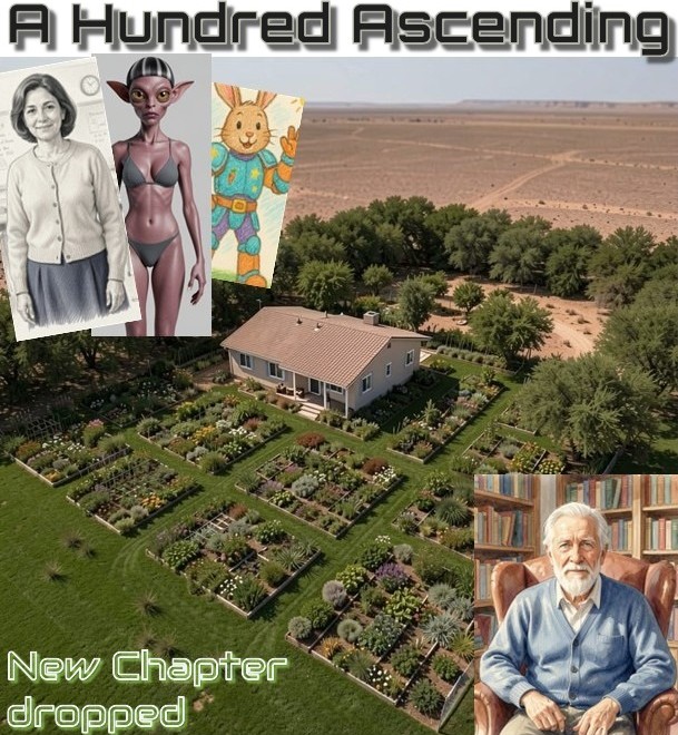 A title card where the main photo is a house surrounded by a garden which is surrounded by a desert. We have a picture of an old man sitting with books behind him, and in the top corner, three images representing one character.