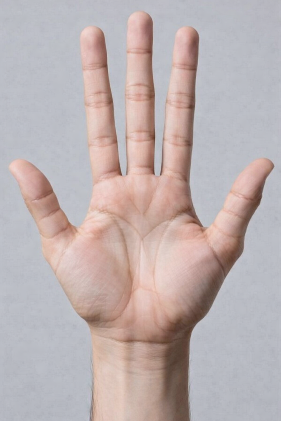 A hand with 4 knuckles per finger, 3 per thumb and with two opposable thumbs - one replaces the pinky finger
