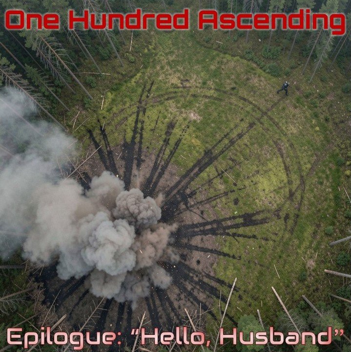An impact site in a boreal forest as seen from above, with an armored figure running into the forest.