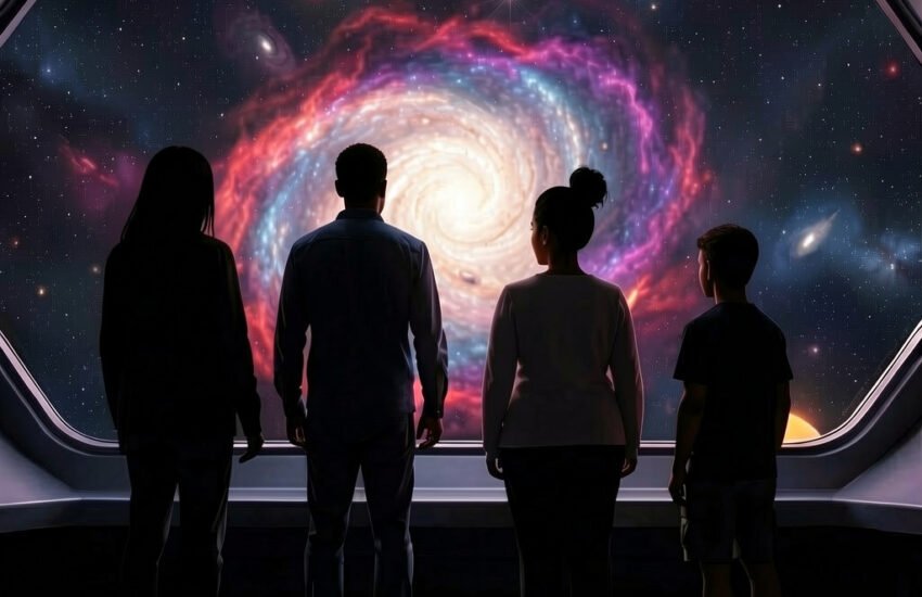 Four people on a ship look out on a viewscreen to an unknown galaxy